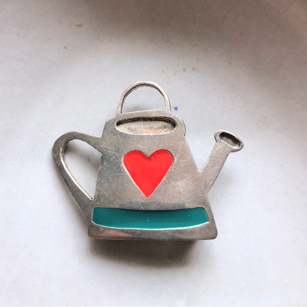 Vintage Signed Carol Sterling Silver & Enamel Watering Can Brooch Pin